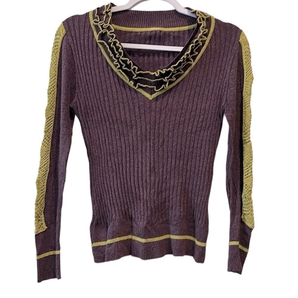 Rare Ruffle Crochet Purple Lime Stretch Ribbed Knit Boho Quality Vneck Sweater  